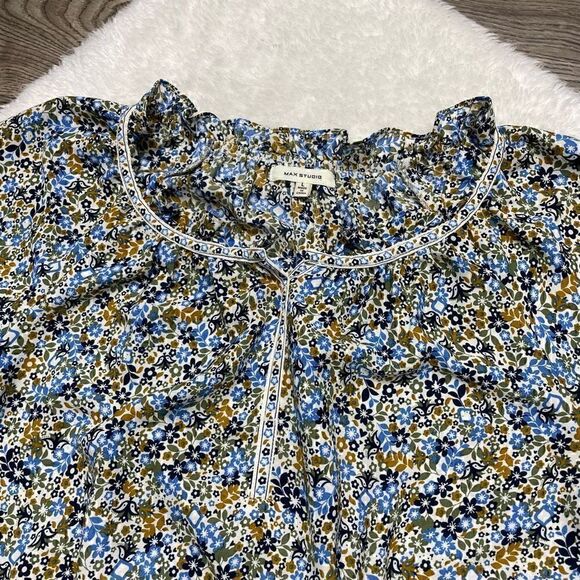 Max Studio Shirt Women Size Large Blue Floral Ruffle Spring Lightweight - Picture 2 of 8